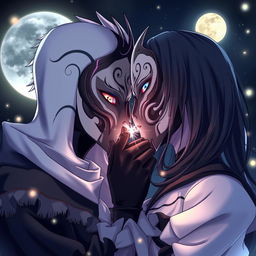 An intimate scene featuring two anime characters both wearing full black and white masks, locked in a passionate kiss
