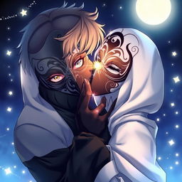 An intimate scene featuring two anime characters both wearing full black and white masks, locked in a passionate kiss
