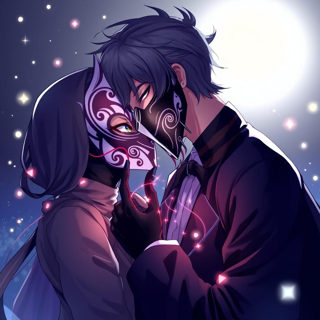 An intimate scene featuring two anime characters both wearing full black and white masks, locked in a passionate kiss