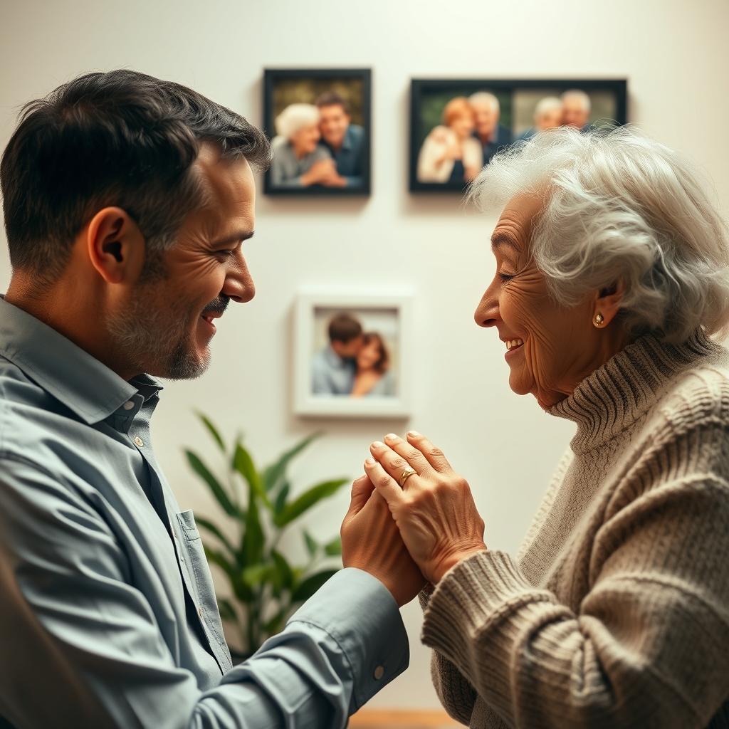 A touching scene of a man gently kissing the hand of an elderly woman who is his mother, showcasing love and respect