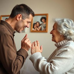 A touching scene of a man gently kissing the hand of an elderly woman who is his mother, showcasing love and respect