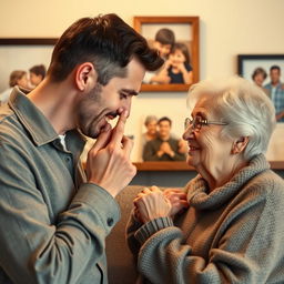 A touching scene of a man gently kissing the hand of an elderly woman who is his mother, showcasing love and respect