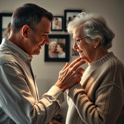 A touching scene of a man gently kissing the hand of an elderly woman who is his mother, showcasing love and respect
