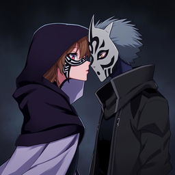 An anime female character wearing a hooded cloak, her face obscured by a stylized black and white mask, leaning in to kiss a male anime character who also wears a striking black and white mask