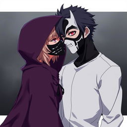 An anime female character wearing a hooded cloak, her face obscured by a stylized black and white mask, leaning in to kiss a male anime character who also wears a striking black and white mask