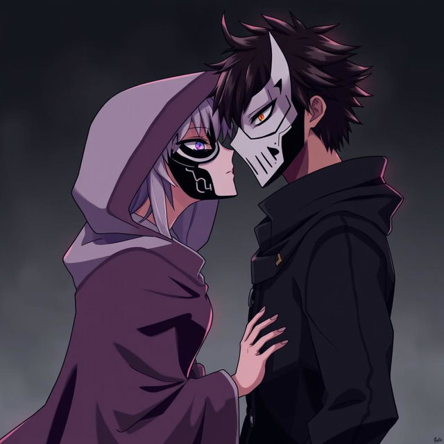 An anime female character wearing a hooded cloak, her face obscured by a stylized black and white mask, leaning in to kiss a male anime character who also wears a striking black and white mask