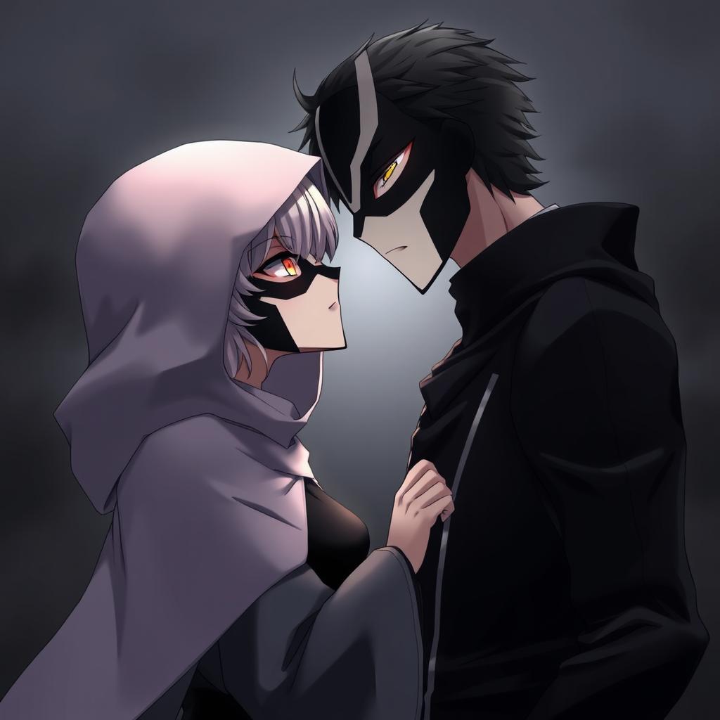 An anime female character wearing a hooded cloak, her face obscured by a stylized black and white mask, leaning in to kiss a male anime character who also wears a striking black and white mask