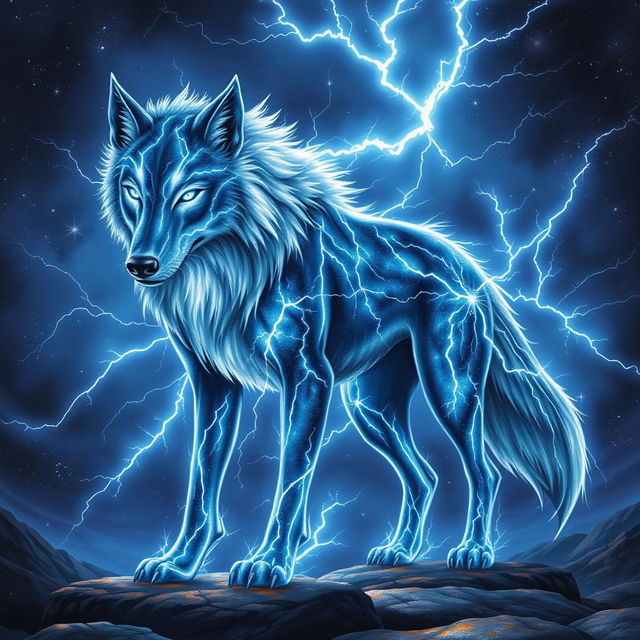 In the style of Dungeons and Dragons character art, a stunning wolf made entirely of lightning and stars stands boldly