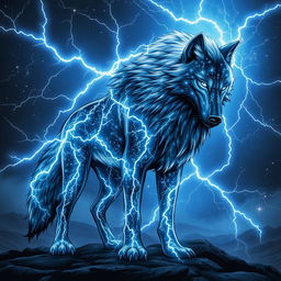 In the style of Dungeons and Dragons character art, a stunning wolf made entirely of lightning and stars stands boldly
