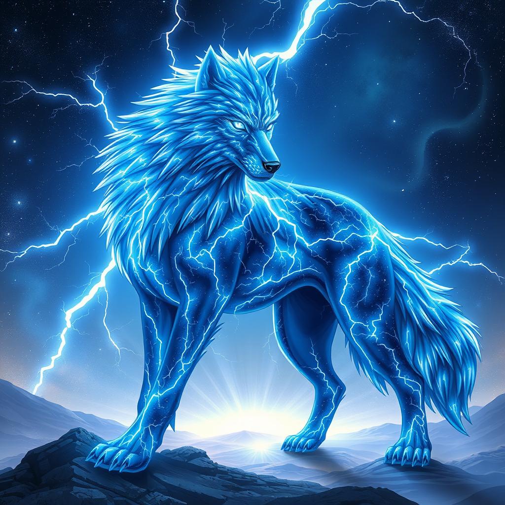 In the style of Dungeons and Dragons character art, a stunning wolf made entirely of lightning and stars stands boldly