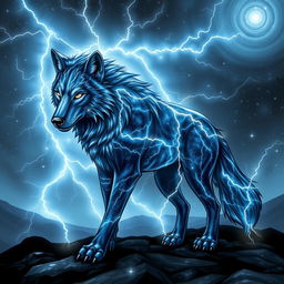 In the style of Dungeons and Dragons character art, a stunning wolf made entirely of lightning and stars stands boldly