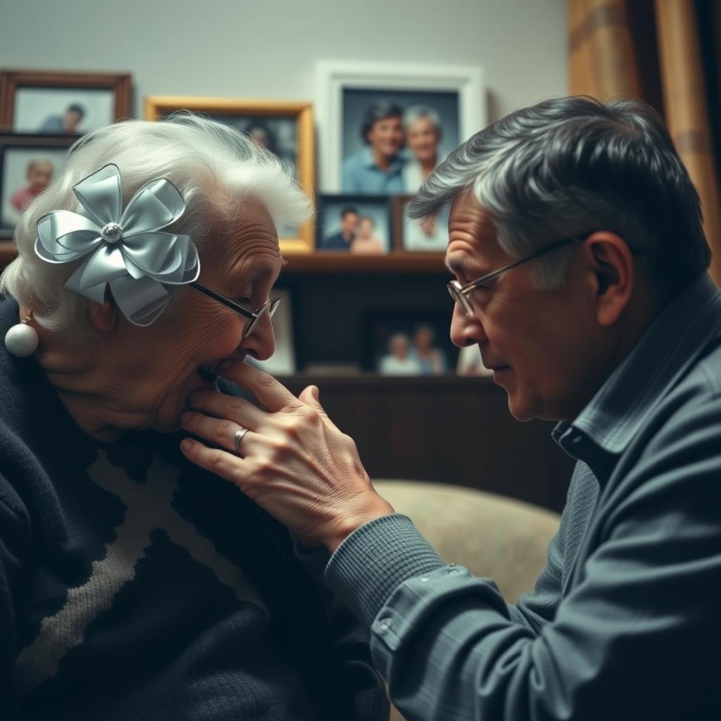 A touching scene of a man gently kissing the hand of an elderly woman, who is his mother