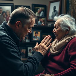 A touching scene of a man gently kissing the hand of an elderly woman, who is his mother