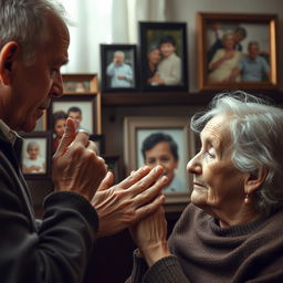 A touching scene of a man gently kissing the hand of an elderly woman, who is his mother