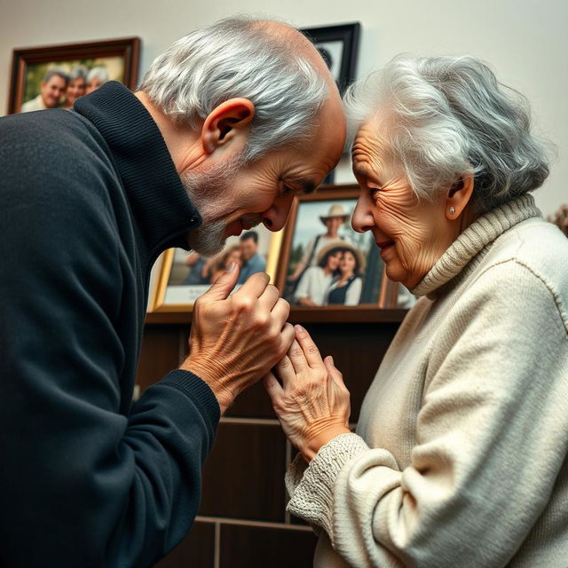 A touching scene of a man gently kissing the hand of an elderly woman, who is his mother