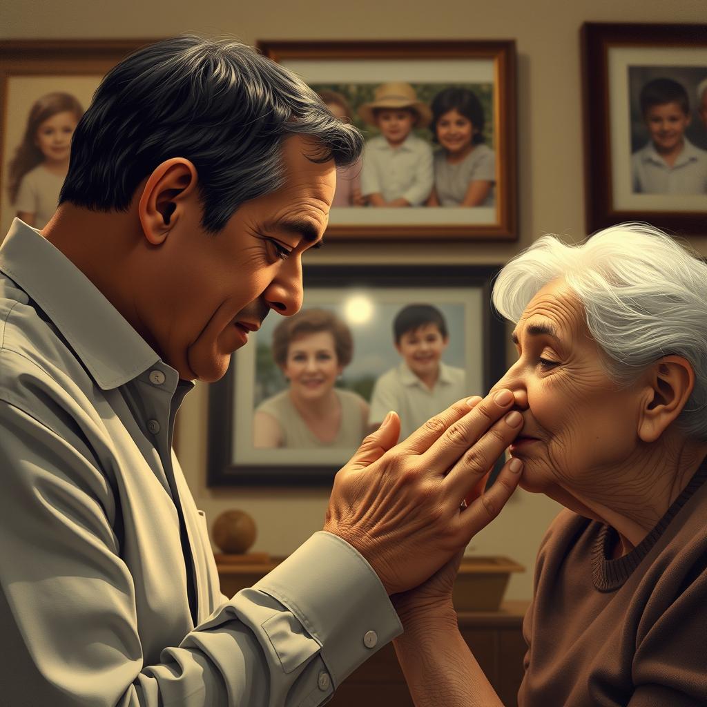 A poignant moment illustrating a man gently kissing the hand of an elderly woman, who is his mother
