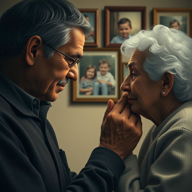 A poignant moment illustrating a man gently kissing the hand of an elderly woman, who is his mother