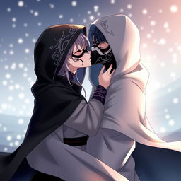 A dynamic anime scene featuring a female character and a male character, both wearing hooded cloaks