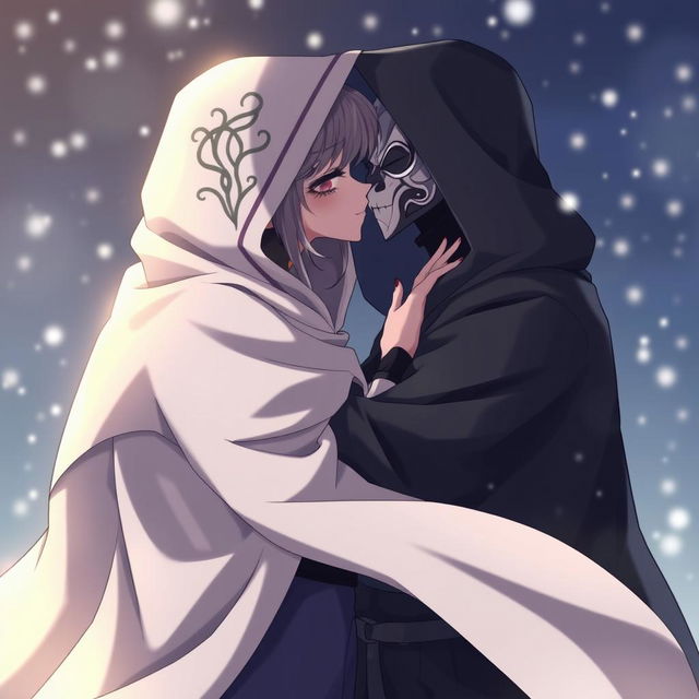 A dynamic anime scene featuring a female character and a male character, both wearing hooded cloaks