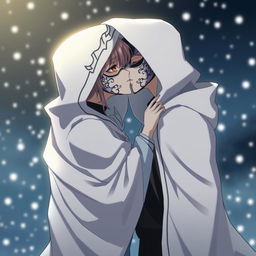 A dynamic anime scene featuring a female character and a male character, both wearing hooded cloaks