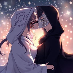 A dynamic anime scene featuring a female character and a male character, both wearing hooded cloaks