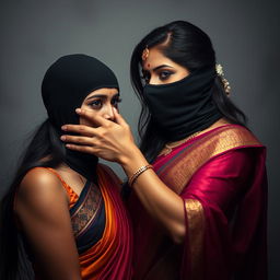 An intriguing image featuring a sexy Indian woman wearing a vibrant saree, elegantly styled yet modern