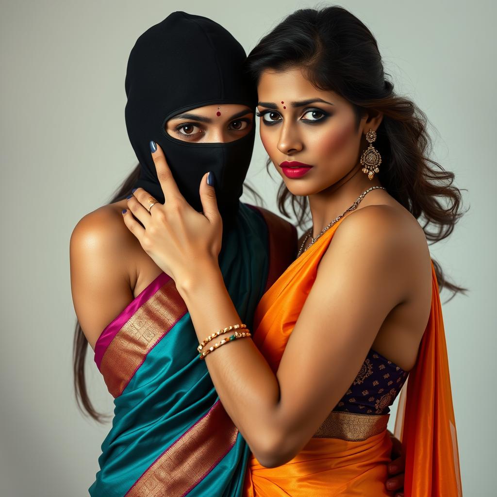 An intriguing image featuring a sexy Indian woman wearing a vibrant saree, elegantly styled yet modern