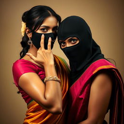 An intriguing image featuring a sexy Indian woman wearing a vibrant saree, elegantly styled yet modern