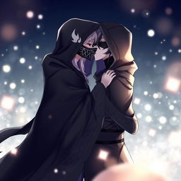 A captivating scene featuring an anime female character cloaked in a dark, flowing hooded cloak, adorned with intricate patterns