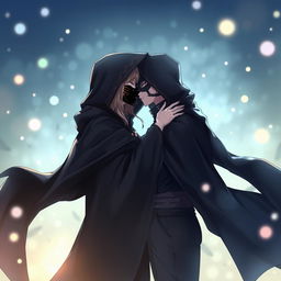 A captivating scene featuring an anime female character cloaked in a dark, flowing hooded cloak, adorned with intricate patterns