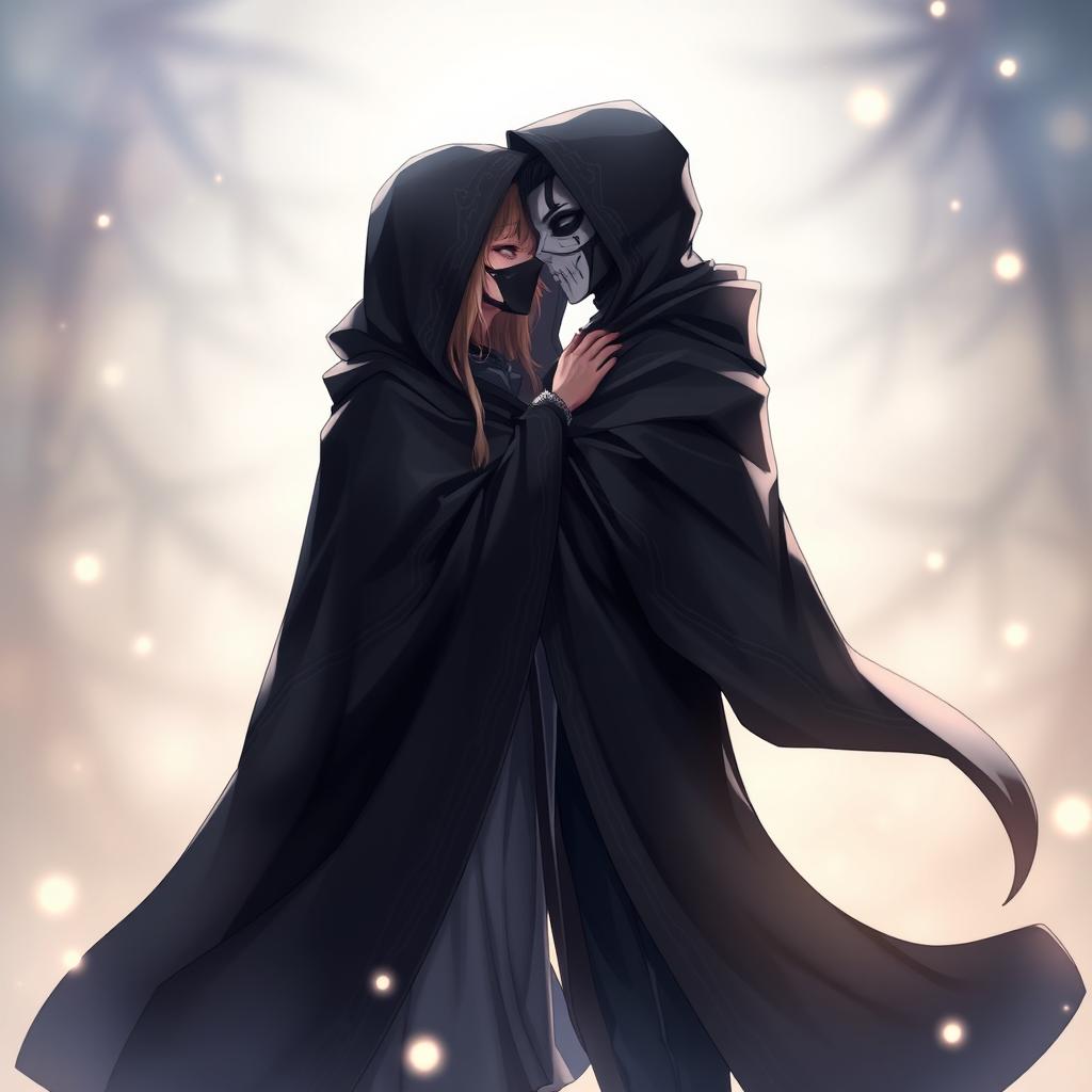 A captivating scene featuring an anime female character cloaked in a dark, flowing hooded cloak, adorned with intricate patterns