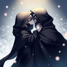 A captivating scene featuring an anime female character cloaked in a dark, flowing hooded cloak, adorned with intricate patterns