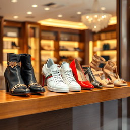 A stylish collection of various shoes displayed on an elegant wooden shelf