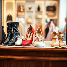 A stylish collection of various shoes displayed on an elegant wooden shelf