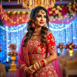 A stunning desi bride in a beautifully detailed traditional bridal attire, featuring a rich red and gold lehenga adorned with intricate embroidery and beadwork