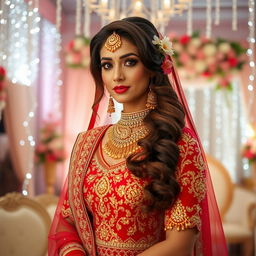 A stunning desi bride in a beautifully detailed traditional bridal attire, featuring a rich red and gold lehenga adorned with intricate embroidery and beadwork