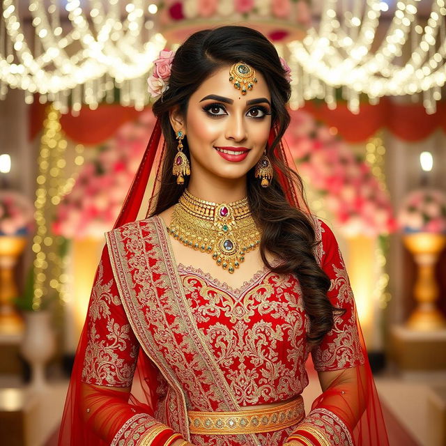 A stunning desi bride in a beautifully detailed traditional bridal attire, featuring a rich red and gold lehenga adorned with intricate embroidery and beadwork