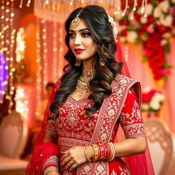A stunning desi bride in a beautifully detailed traditional bridal attire, featuring a rich red and gold lehenga adorned with intricate embroidery and beadwork