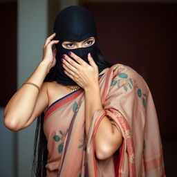 An enticing image showcasing a sexy Indian woman adorned in a beautifully patterned saree that flows elegantly around her