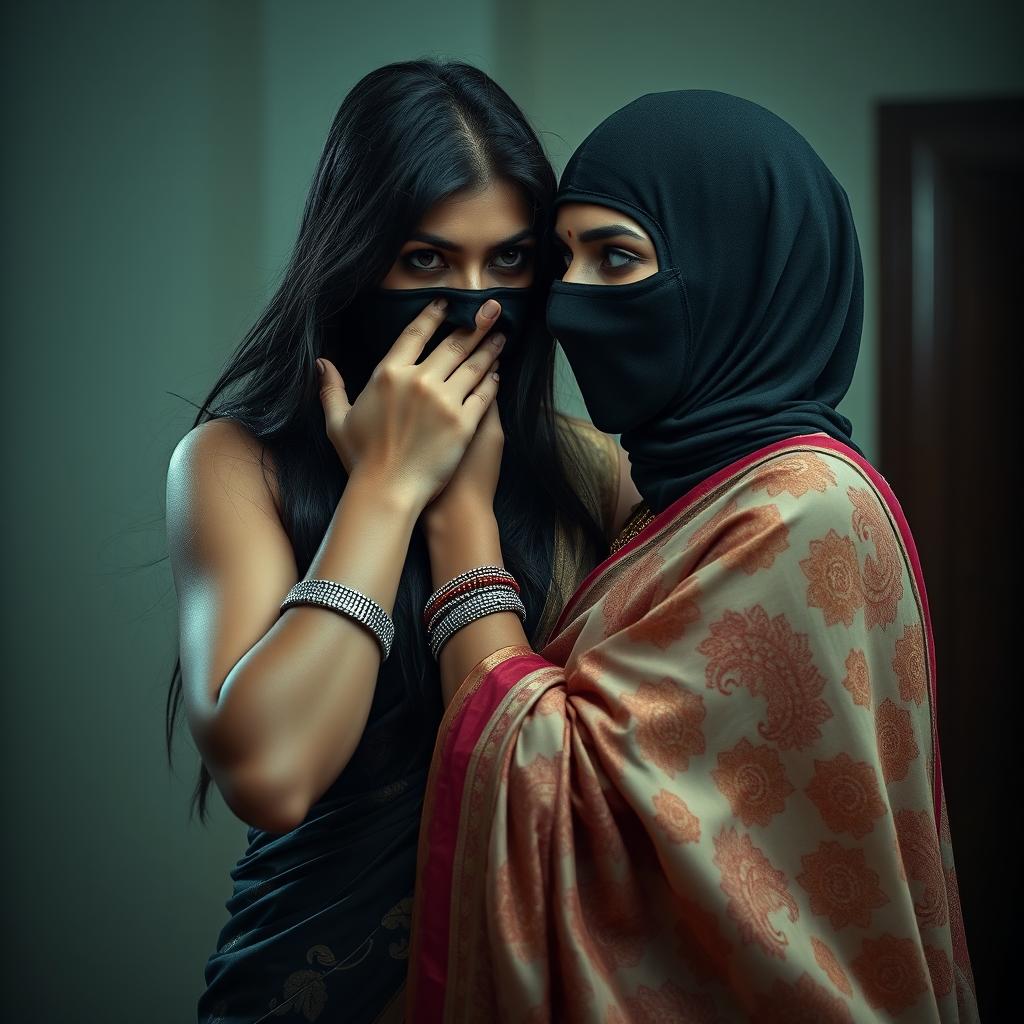 An enticing image showcasing a sexy Indian woman adorned in a beautifully patterned saree that flows elegantly around her