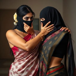 An enticing image showcasing a sexy Indian woman adorned in a beautifully patterned saree that flows elegantly around her