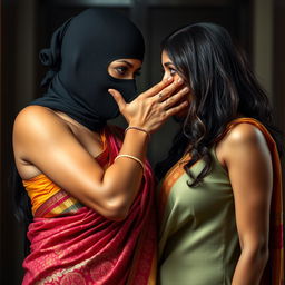 An enticing image showcasing a sexy Indian woman adorned in a beautifully patterned saree that flows elegantly around her