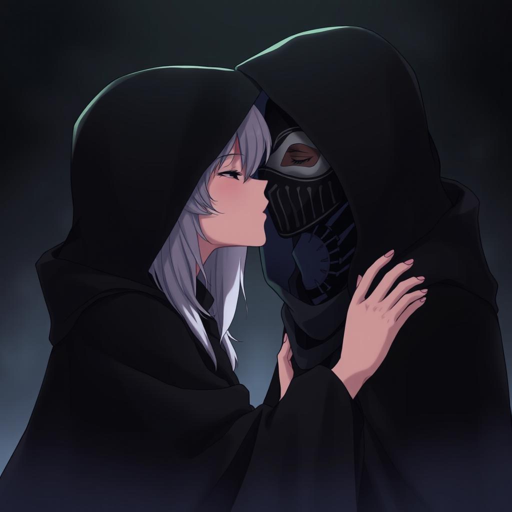 An anime scene featuring a female character in a dark hooded cloak, wearing a full black and white mask that covers her face