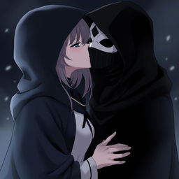 An anime scene featuring a female character in a dark hooded cloak, wearing a full black and white mask that covers her face