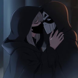 An anime scene featuring a female character in a dark hooded cloak, wearing a full black and white mask that covers her face