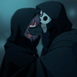 An anime scene featuring a female character in a dark hooded cloak, wearing a full black and white mask that covers her face