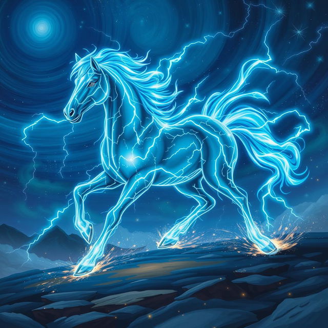 In an enchanting Dungeons and Dragons character art style, a magnificent horse made entirely of swirling lightning and shimmering stars stands proudly