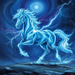 In an enchanting Dungeons and Dragons character art style, a magnificent horse made entirely of swirling lightning and shimmering stars stands proudly