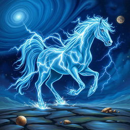 In an enchanting Dungeons and Dragons character art style, a magnificent horse made entirely of swirling lightning and shimmering stars stands proudly