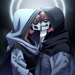 An anime female character in a hooded cloak, her face entirely covered by a striking black and white mask, is engaged in a tender kiss with a male anime character, who is also dressed in a similar hooded cloak and wears a matching black and white mask covering his face